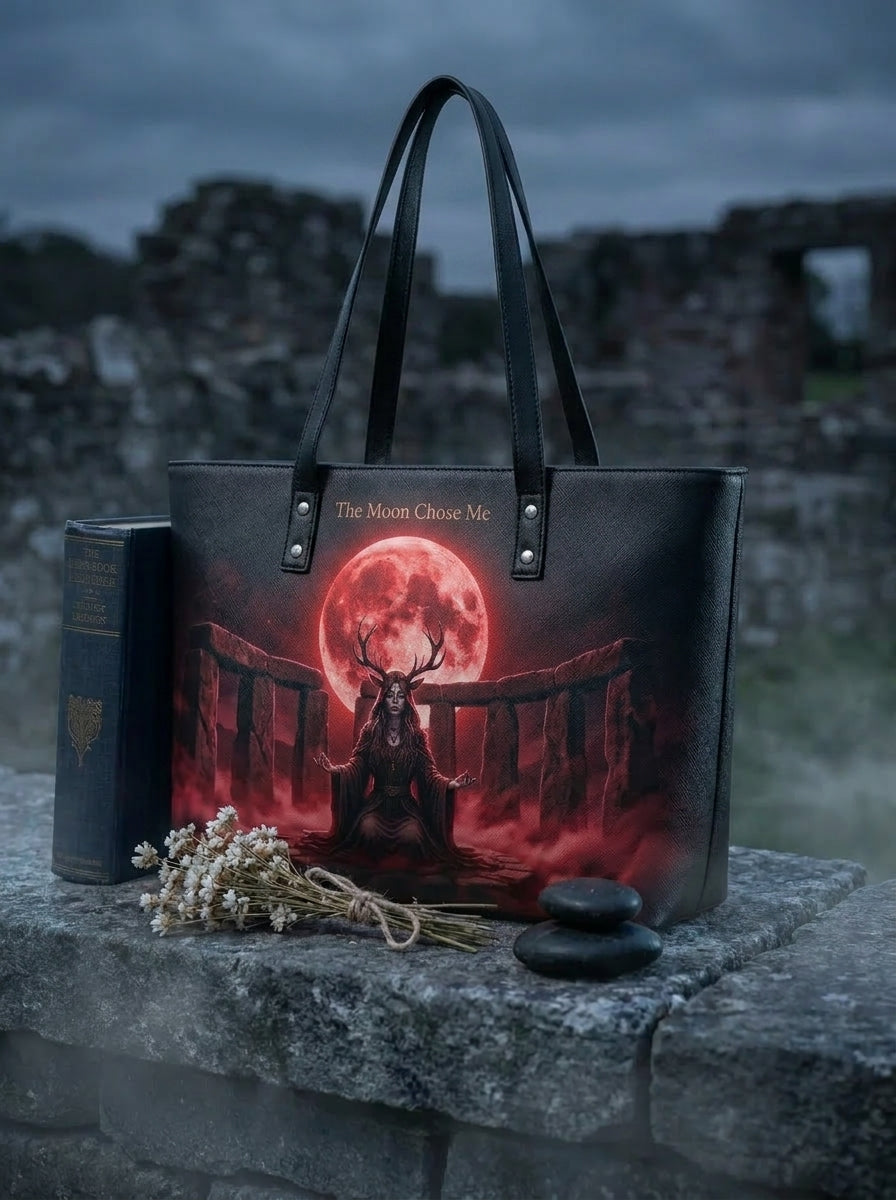 "The Moon Chose Me" Blood Moon Druid Leather Tote Bag