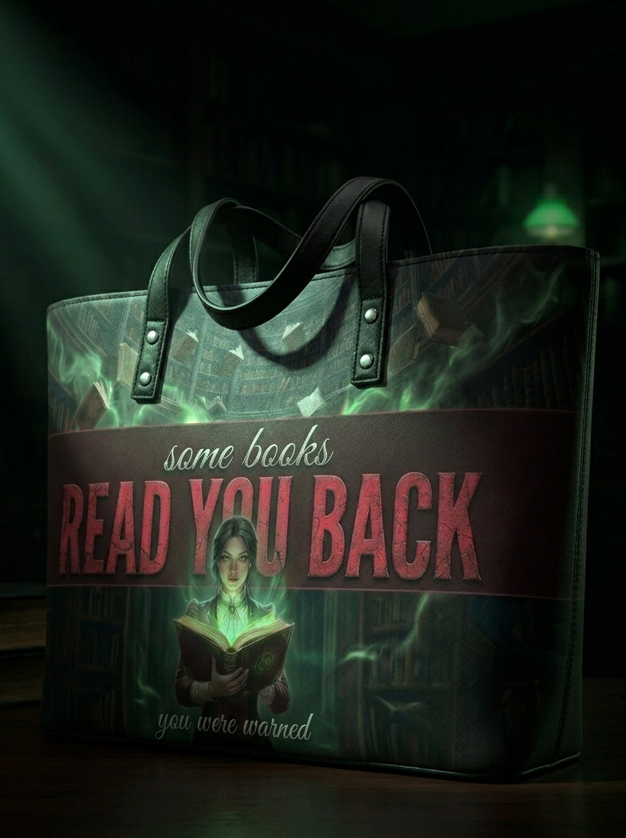 "Some Books Read You Back" Forbidden Library Leather Tote Bag