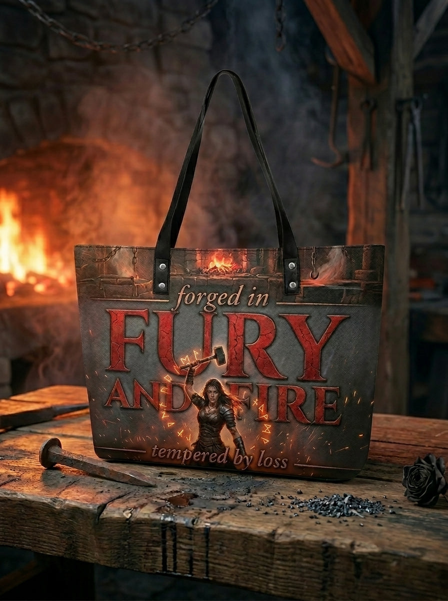 "Forged in Fury and Fire" Blacksmith Warrior Leather Tote Bag