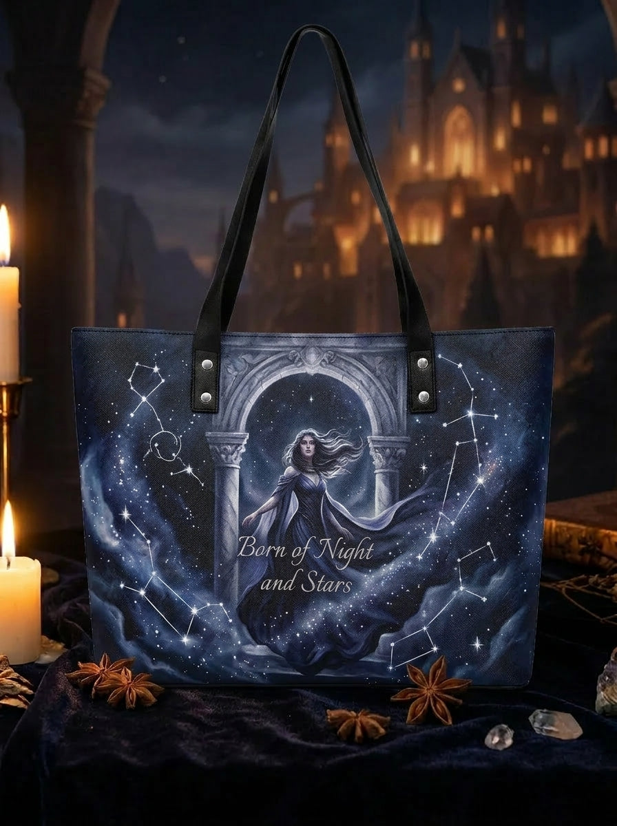 "Born of Night and Stars" Celestial Leather Tote Bag