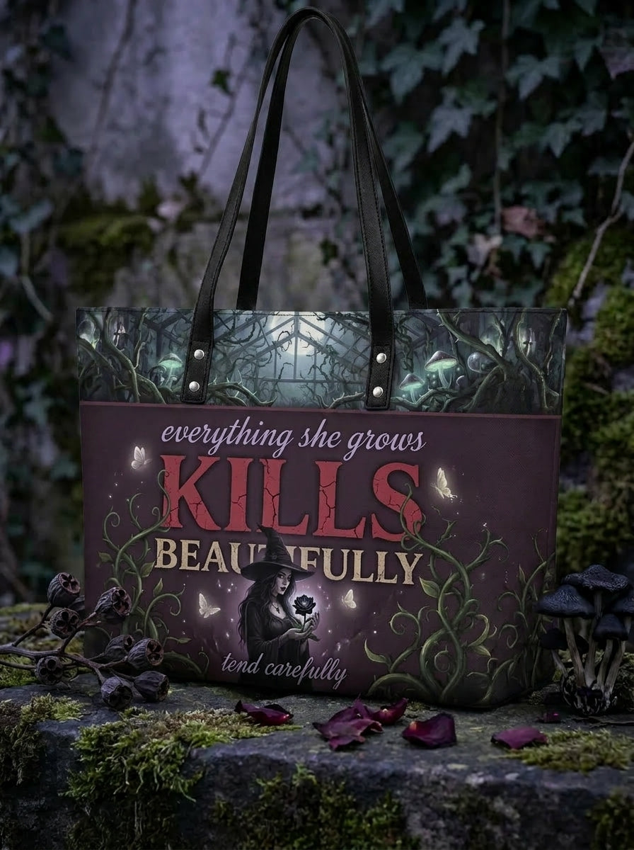 "Kills Beautifully" Witch Garden Leather Tote Bag