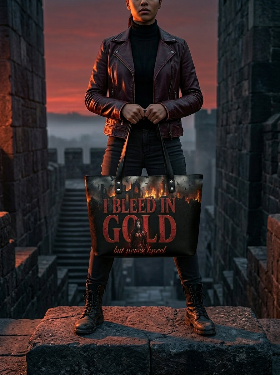 "I Bleed in Gold (But Never Kneel)" Crimson Queen Leather Tote Bag