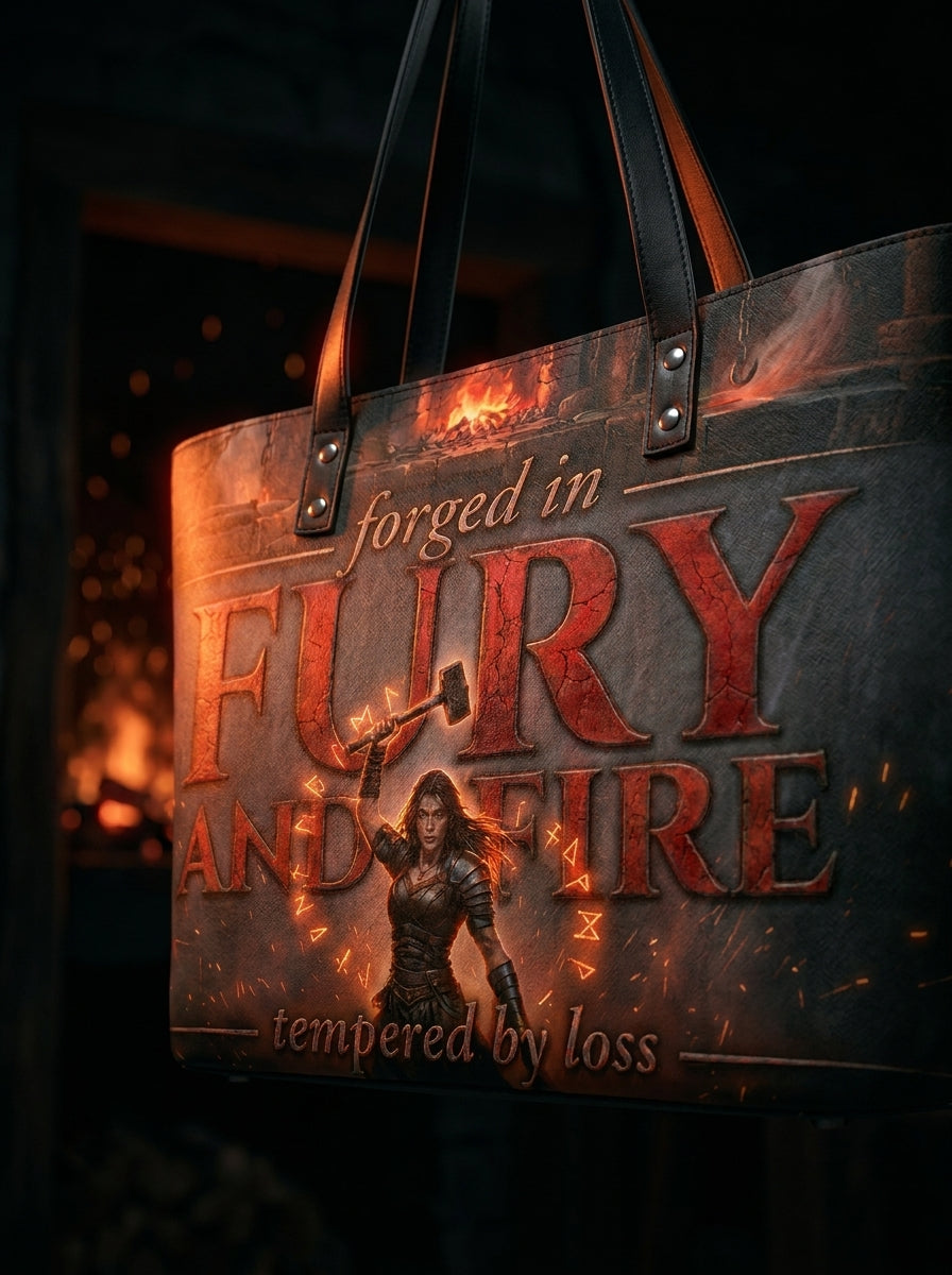 "Forged in Fury and Fire" Blacksmith Warrior Leather Tote Bag