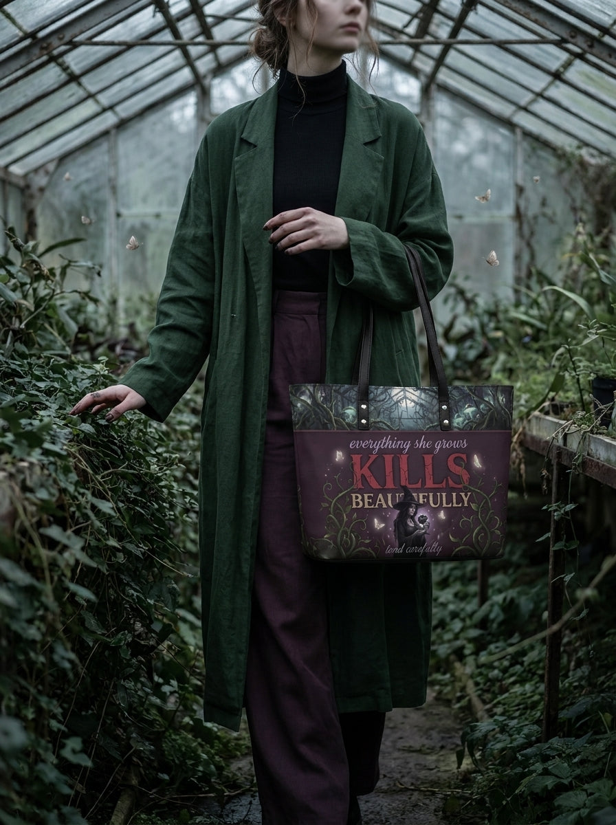 "Kills Beautifully" Witch Garden Leather Tote Bag