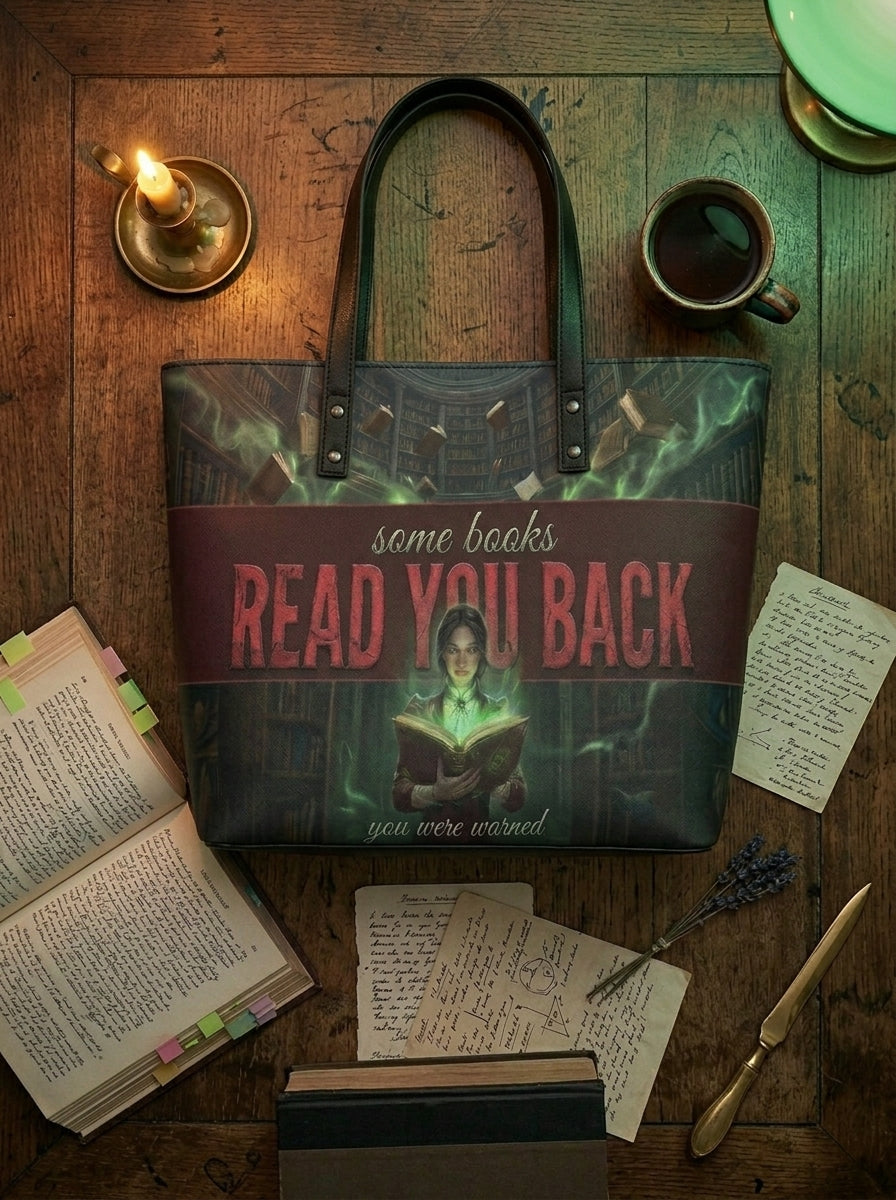 "Some Books Read You Back" Forbidden Library Leather Tote Bag