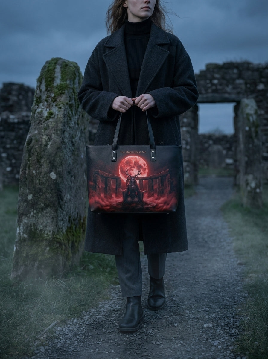 "The Moon Chose Me" Blood Moon Druid Leather Tote Bag