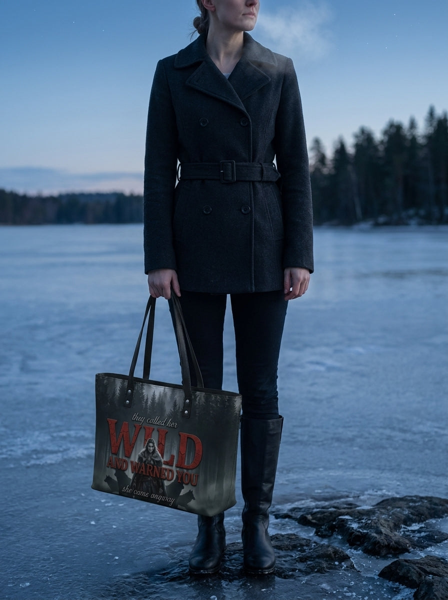 "Wild and Warned You" Winter Wolf Leather Tote Bag