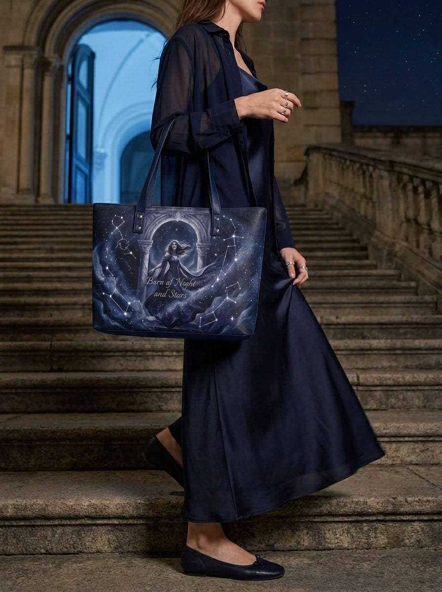 "Born of Night and Stars" Celestial Leather Tote Bag