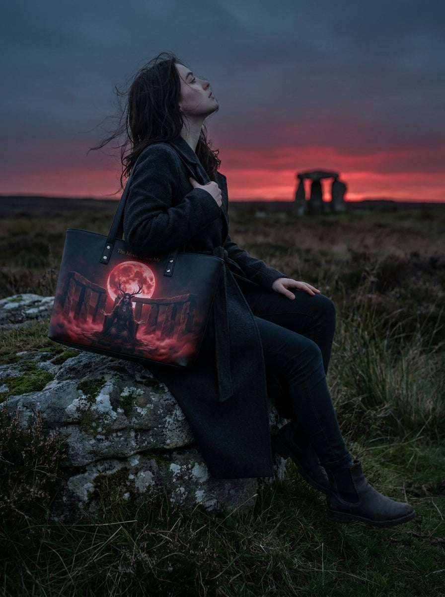 "The Moon Chose Me" Blood Moon Druid Leather Tote Bag