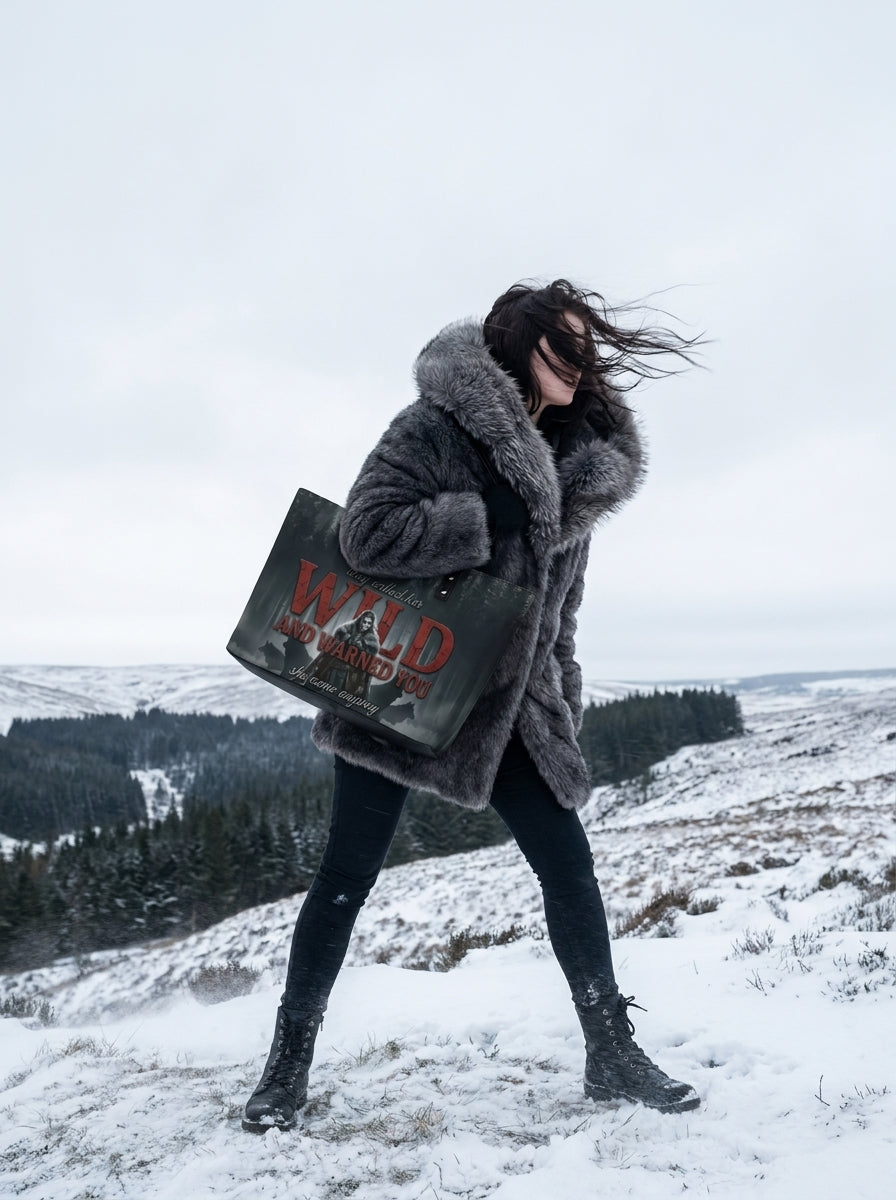 "Wild and Warned You" Winter Wolf Leather Tote Bag