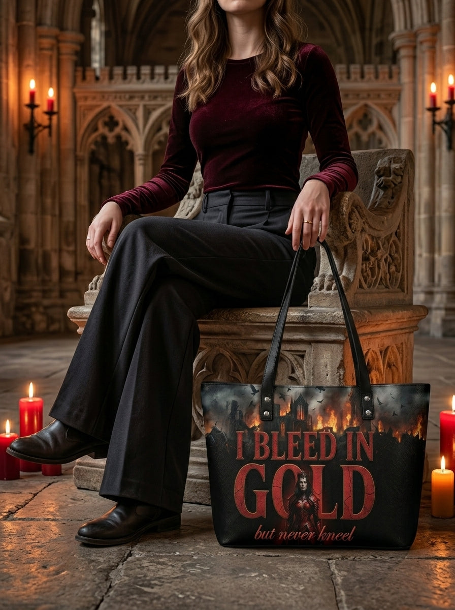 "I Bleed in Gold (But Never Kneel)" Crimson Queen Leather Tote Bag