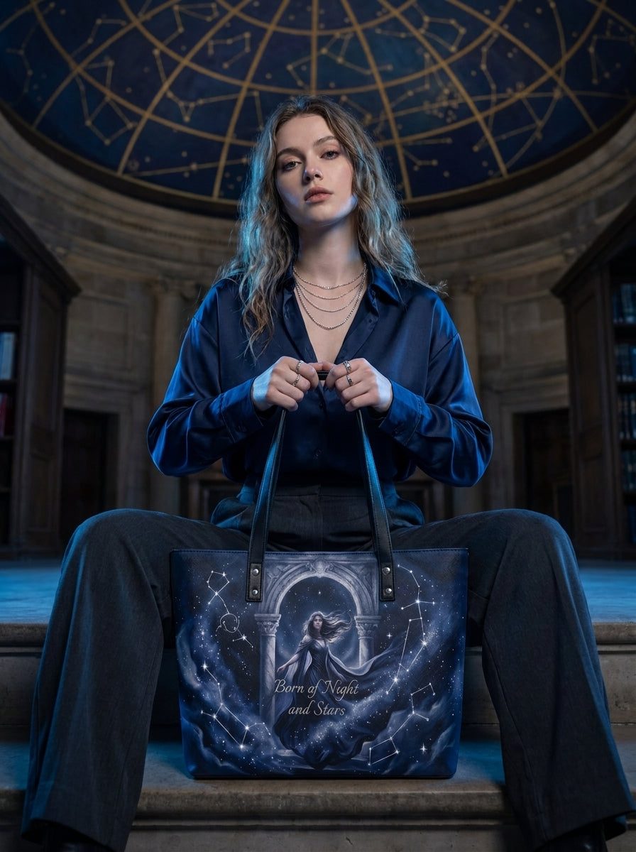 "Born of Night and Stars" Celestial Leather Tote Bag
