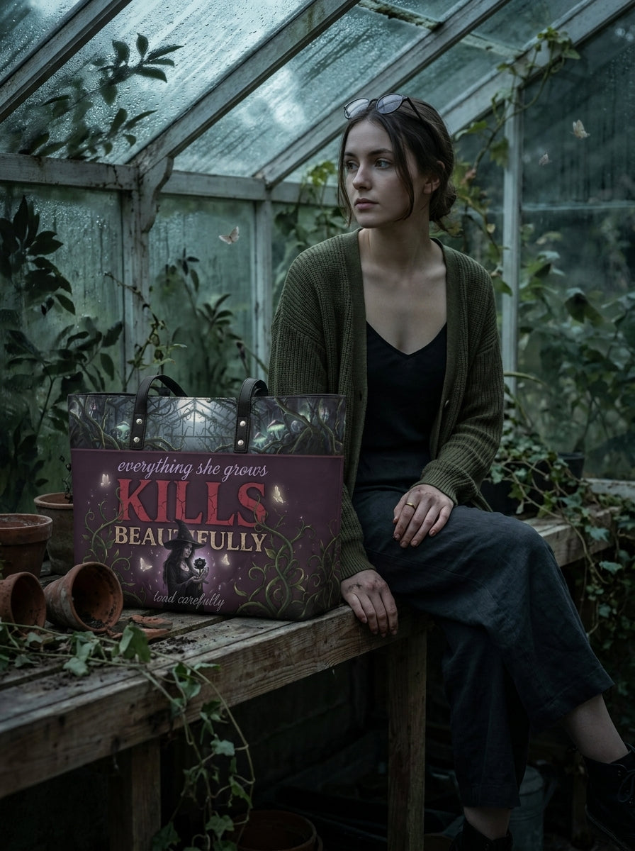"Kills Beautifully" Witch Garden Leather Tote Bag