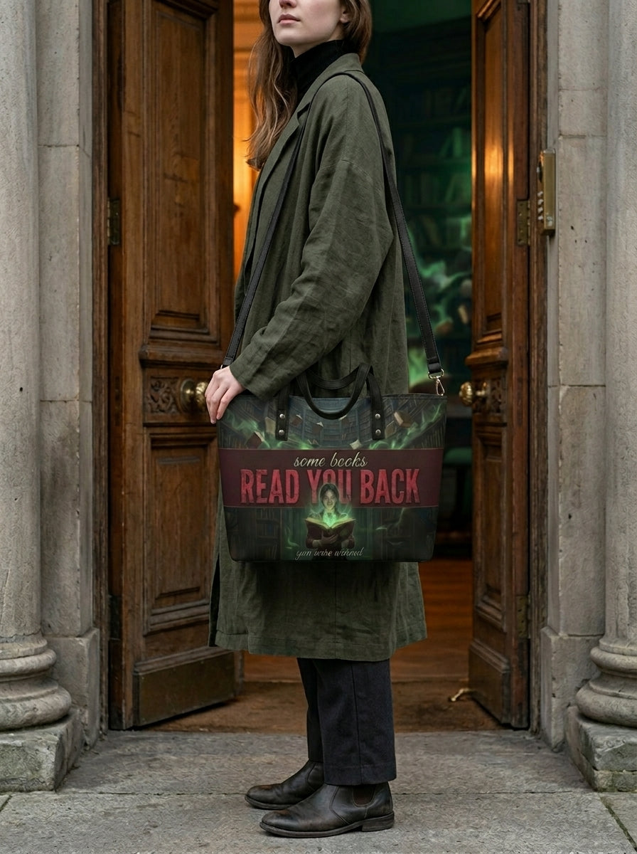 "Some Books Read You Back" Forbidden Library Leather Tote Bag