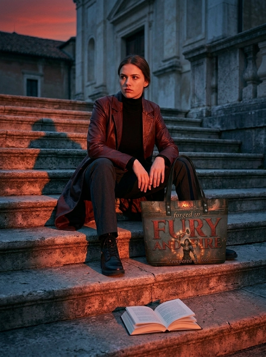 "Forged in Fury and Fire" Blacksmith Warrior Leather Tote Bag