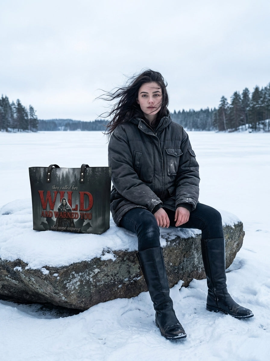 "Wild and Warned You" Winter Wolf Leather Tote Bag