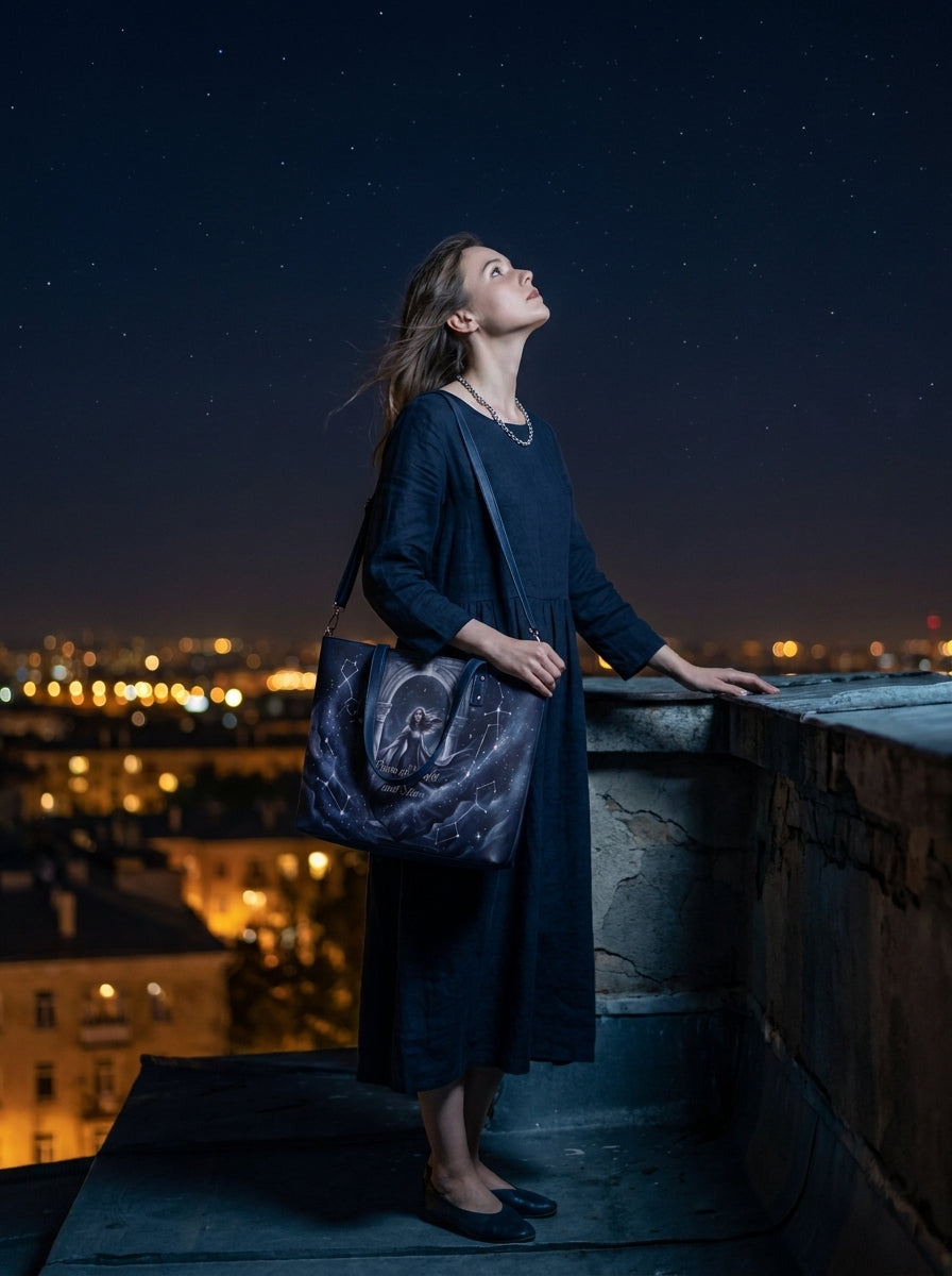 "Born of Night and Stars" Celestial Leather Tote Bag