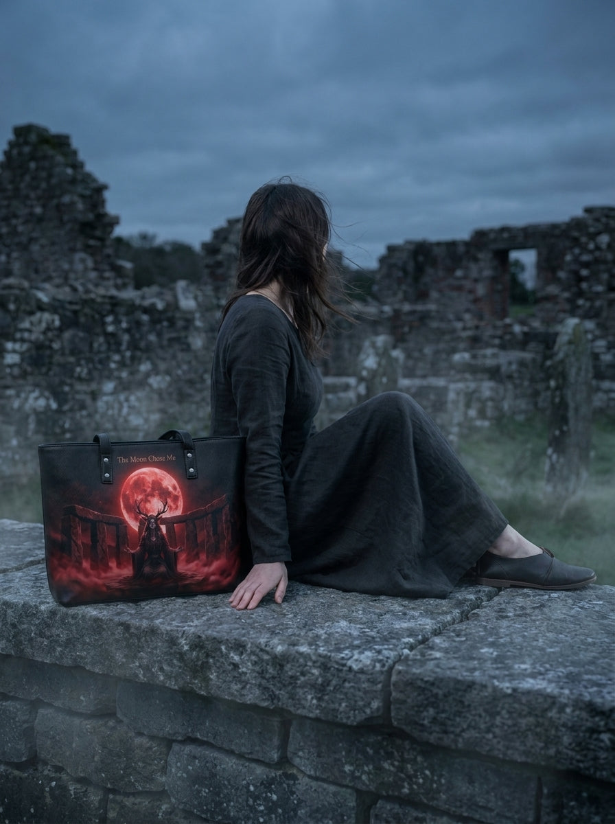 "The Moon Chose Me" Blood Moon Druid Leather Tote Bag