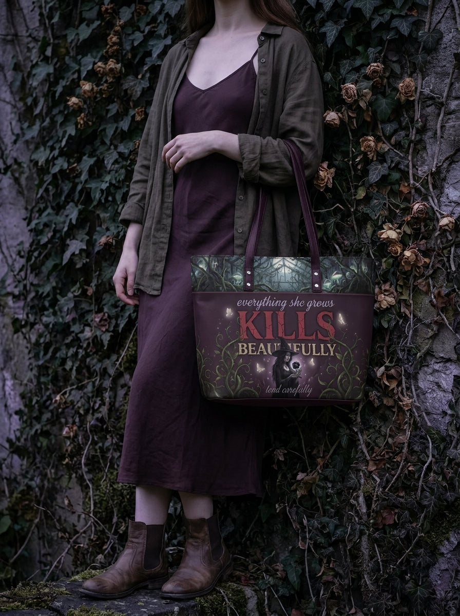 "Kills Beautifully" Witch Garden Leather Tote Bag