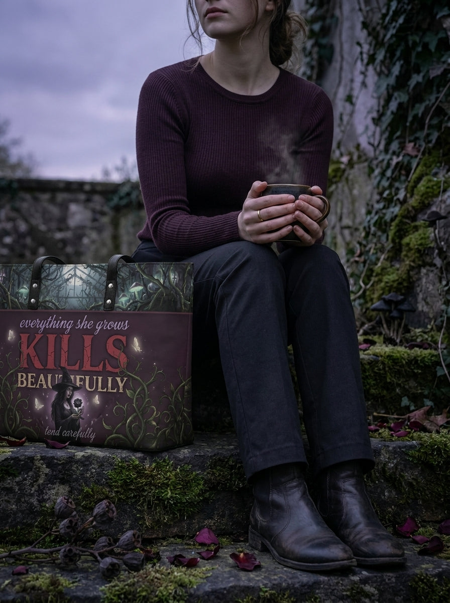 "Kills Beautifully" Witch Garden Leather Tote Bag