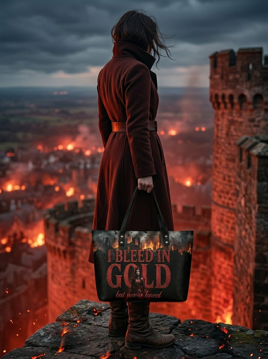 "I Bleed in Gold (But Never Kneel)" Crimson Queen Leather Tote Bag