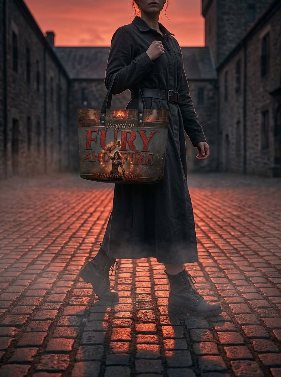 "Forged in Fury and Fire" Blacksmith Warrior Leather Tote Bag