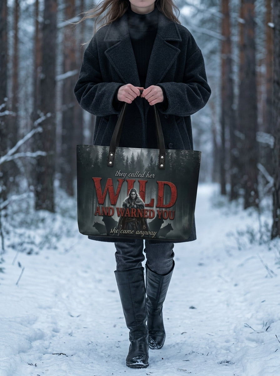 "Wild and Warned You" Winter Wolf Leather Tote Bag