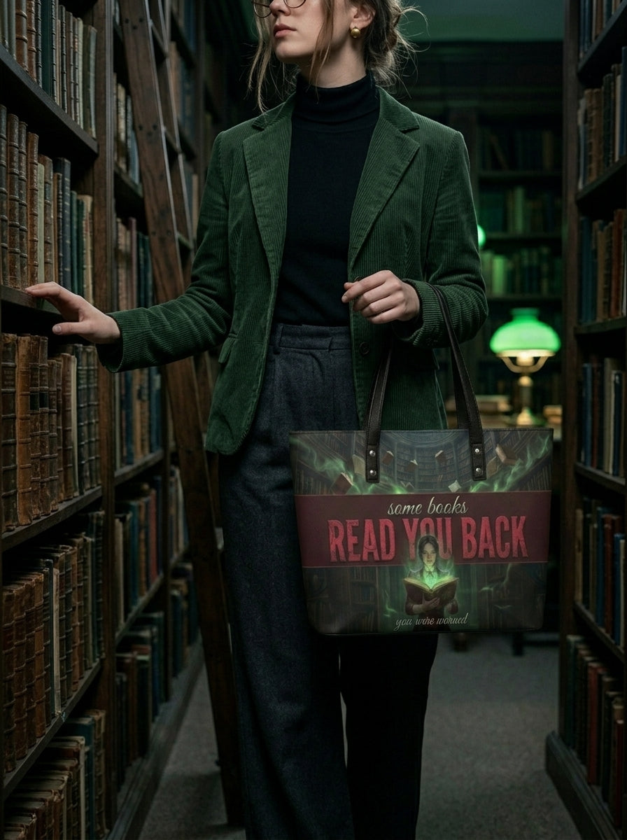 "Some Books Read You Back" Forbidden Library Leather Tote Bag