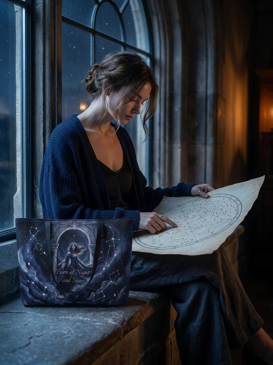"Born of Night and Stars" Celestial Leather Tote Bag