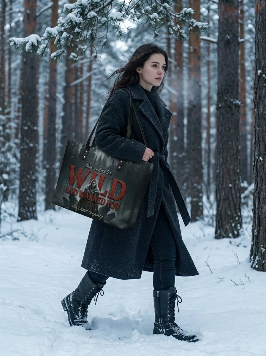 "Wild and Warned You" Winter Wolf Leather Tote Bag
