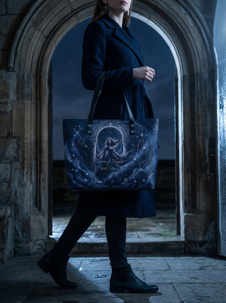 "Born of Night and Stars" Celestial Leather Tote Bag