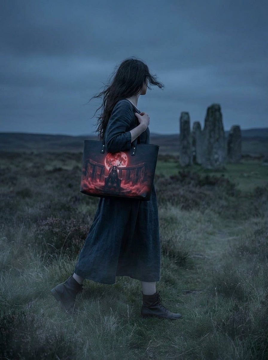 "The Moon Chose Me" Blood Moon Druid Leather Tote Bag