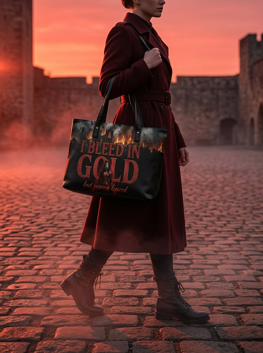 "I Bleed in Gold (But Never Kneel)" Crimson Queen Leather Tote Bag