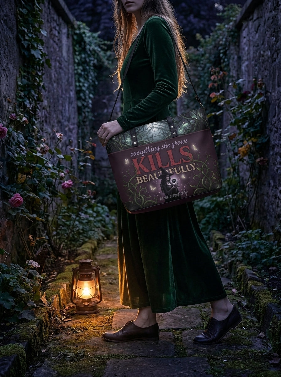 "Kills Beautifully" Witch Garden Leather Tote Bag