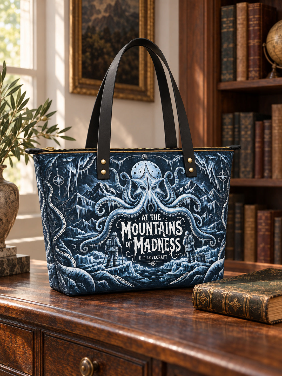 "At The Mountains Of Madness" Leather Tote Bag