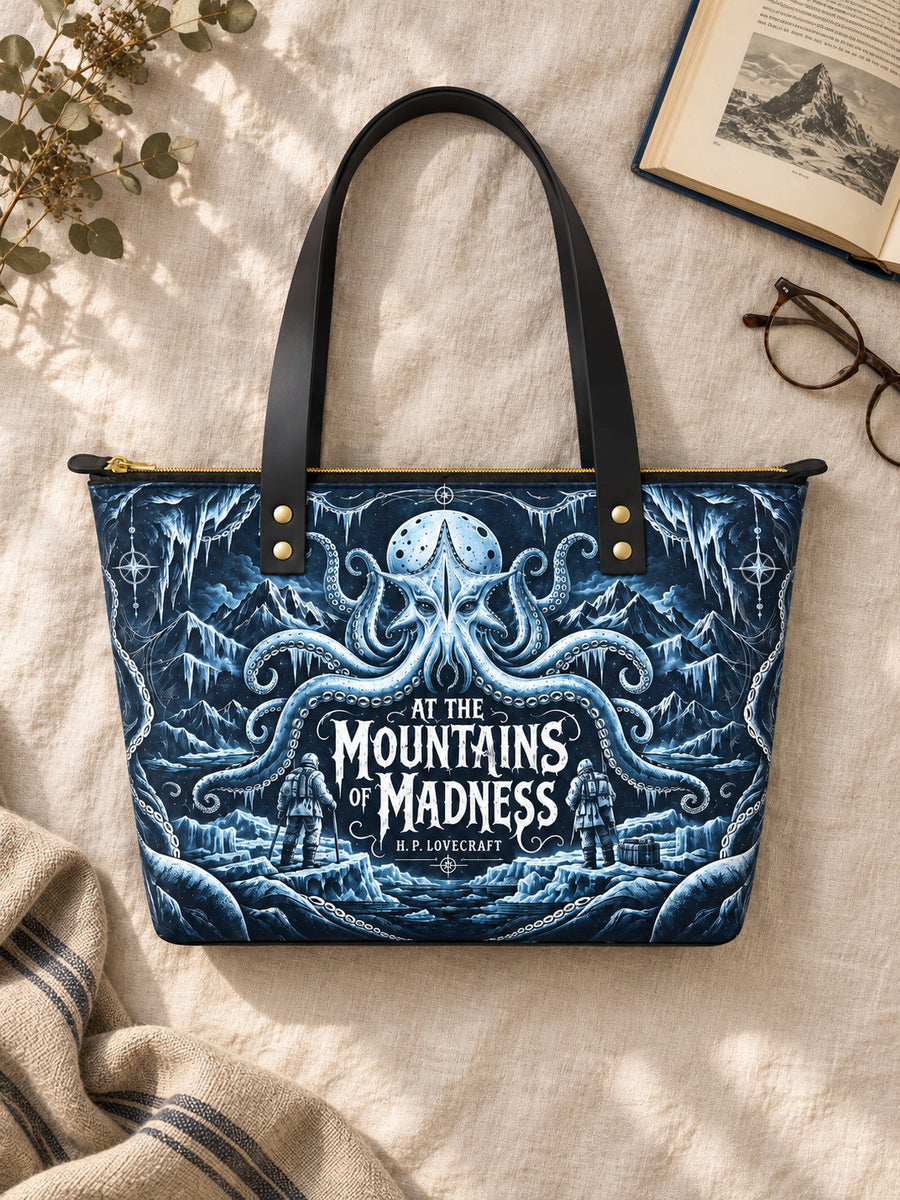 "At The Mountains Of Madness" Leather Tote Bag