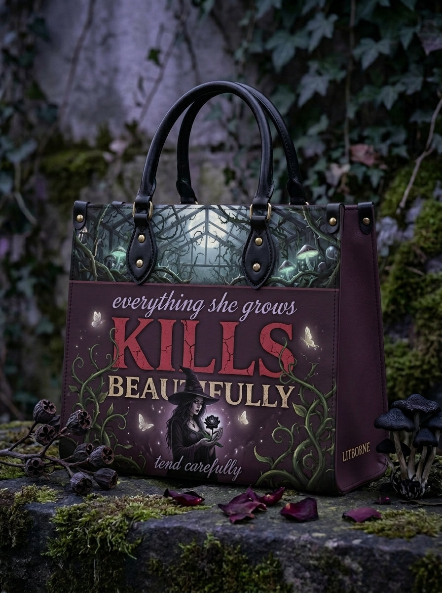 "Kills Beautifully" Witch Garden Leather Handbag