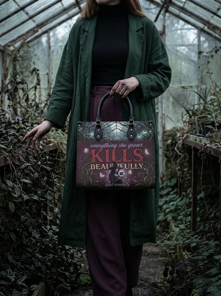 "Kills Beautifully" Witch Garden Leather Handbag