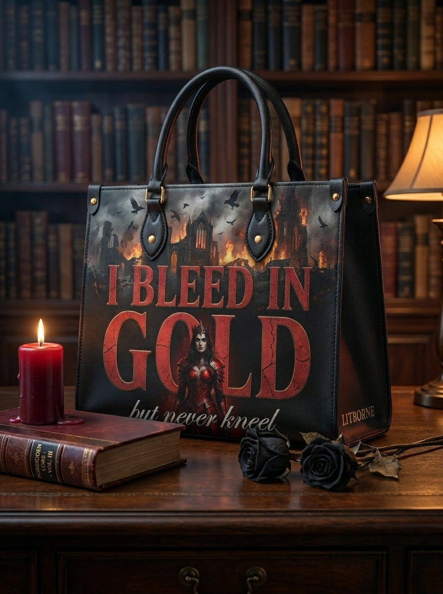 "I Bleed in Gold (But Never Kneel)" Crimson Queen Leather Handbag
