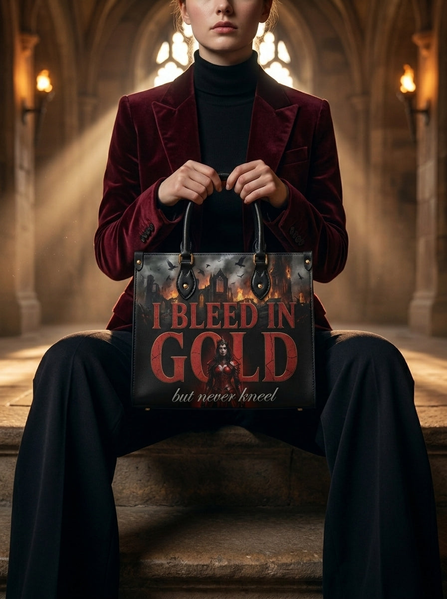 "I Bleed in Gold (But Never Kneel)" Crimson Queen Leather Handbag