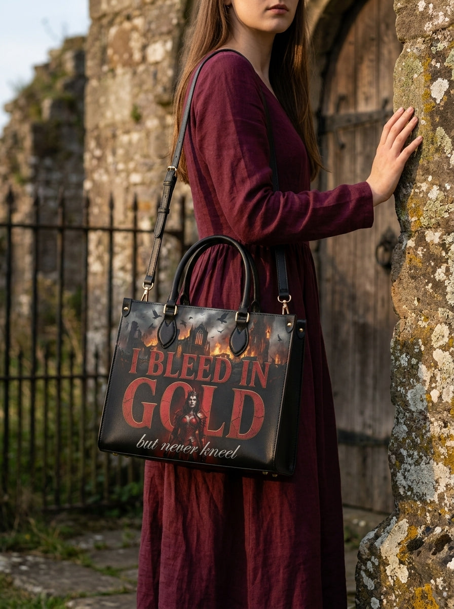 "I Bleed in Gold (But Never Kneel)" Crimson Queen Leather Handbag