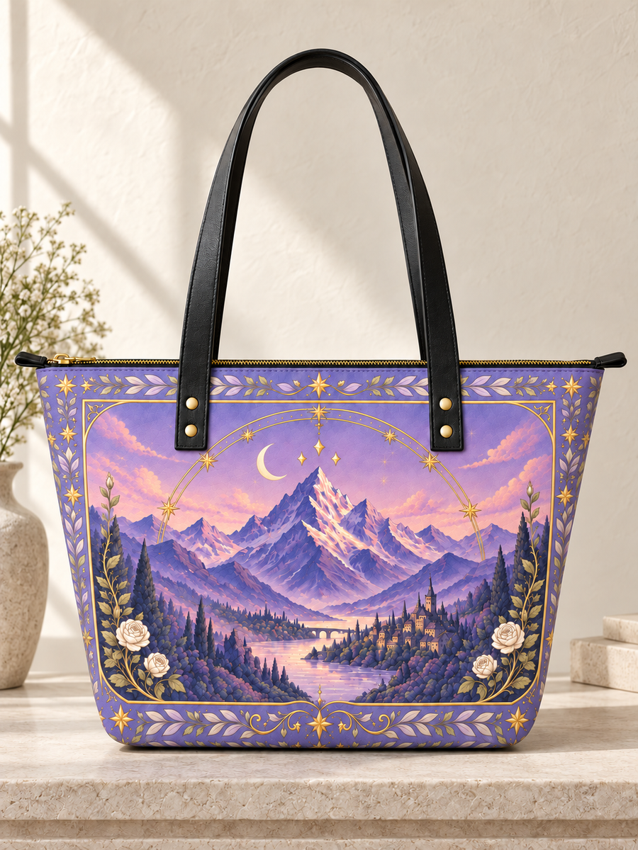 "Lavender Peaks" Twilight Valley Leather Tote Bag