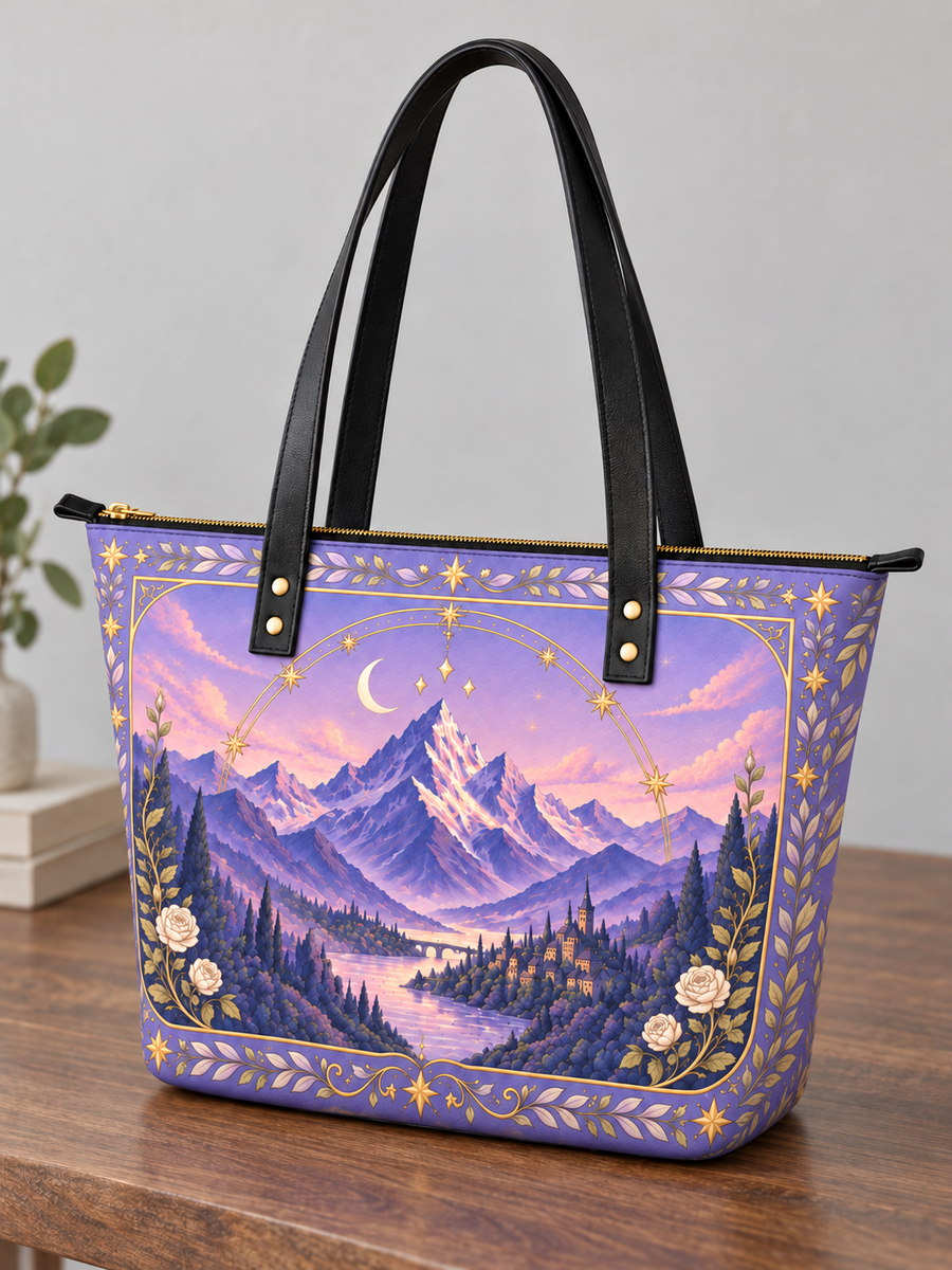 "Lavender Peaks" Twilight Valley Leather Tote Bag