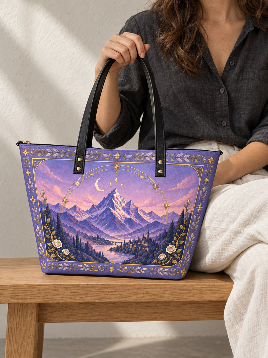"Lavender Peaks" Twilight Valley Leather Tote Bag