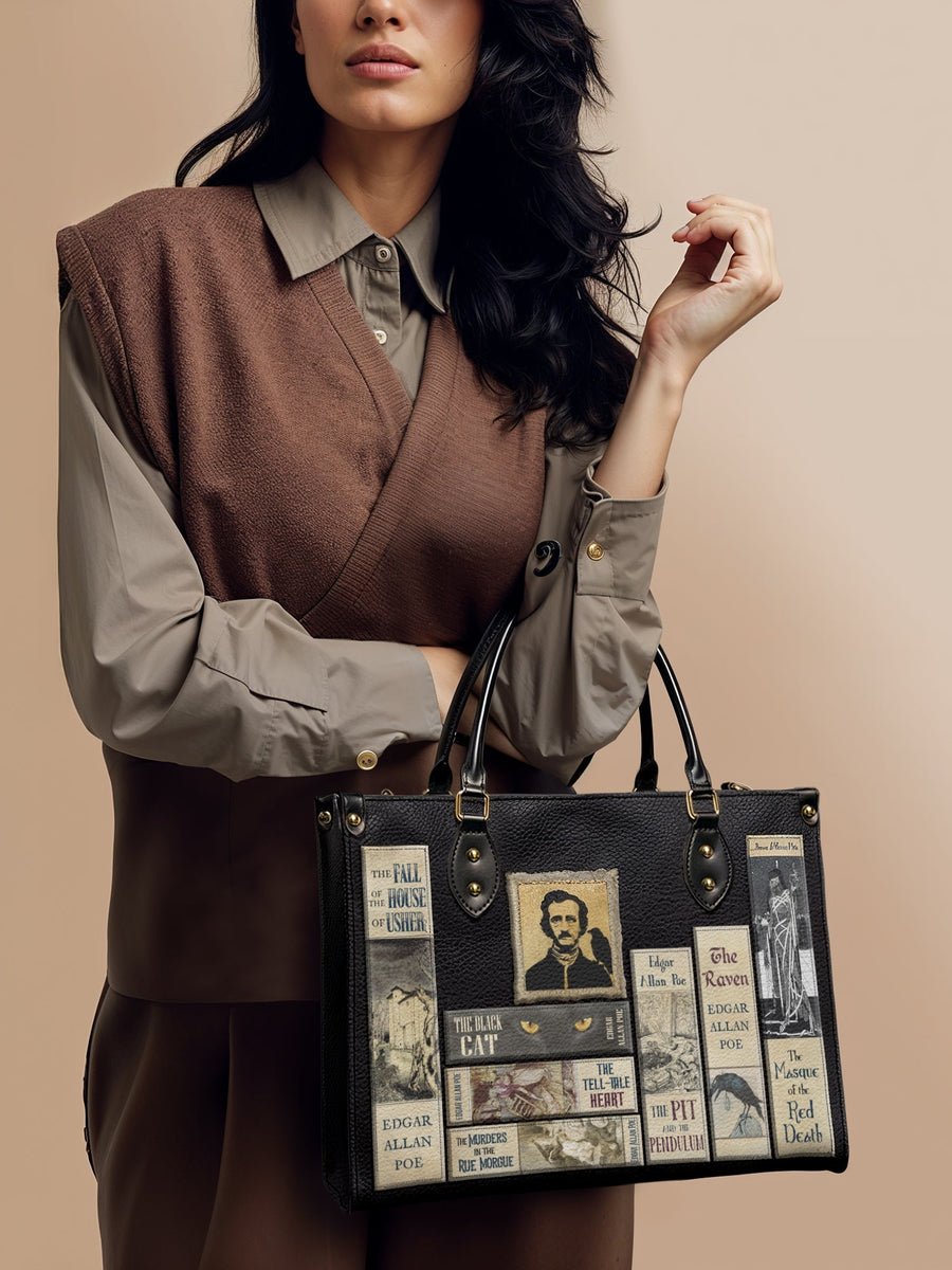 "Poe's Library" Ashen Black Leather Handbag