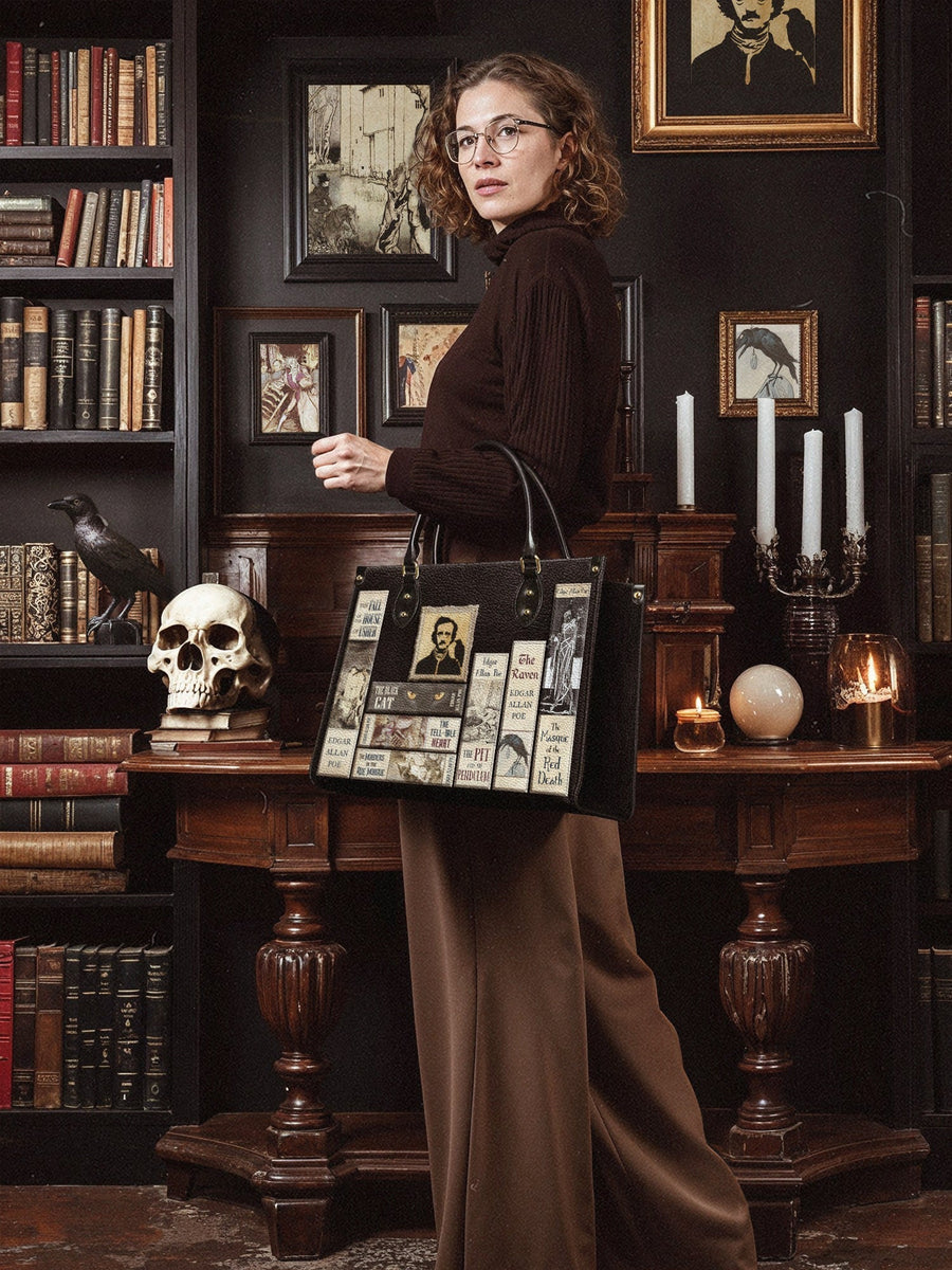 "Poe's Library" Ashen Black Leather Handbag
