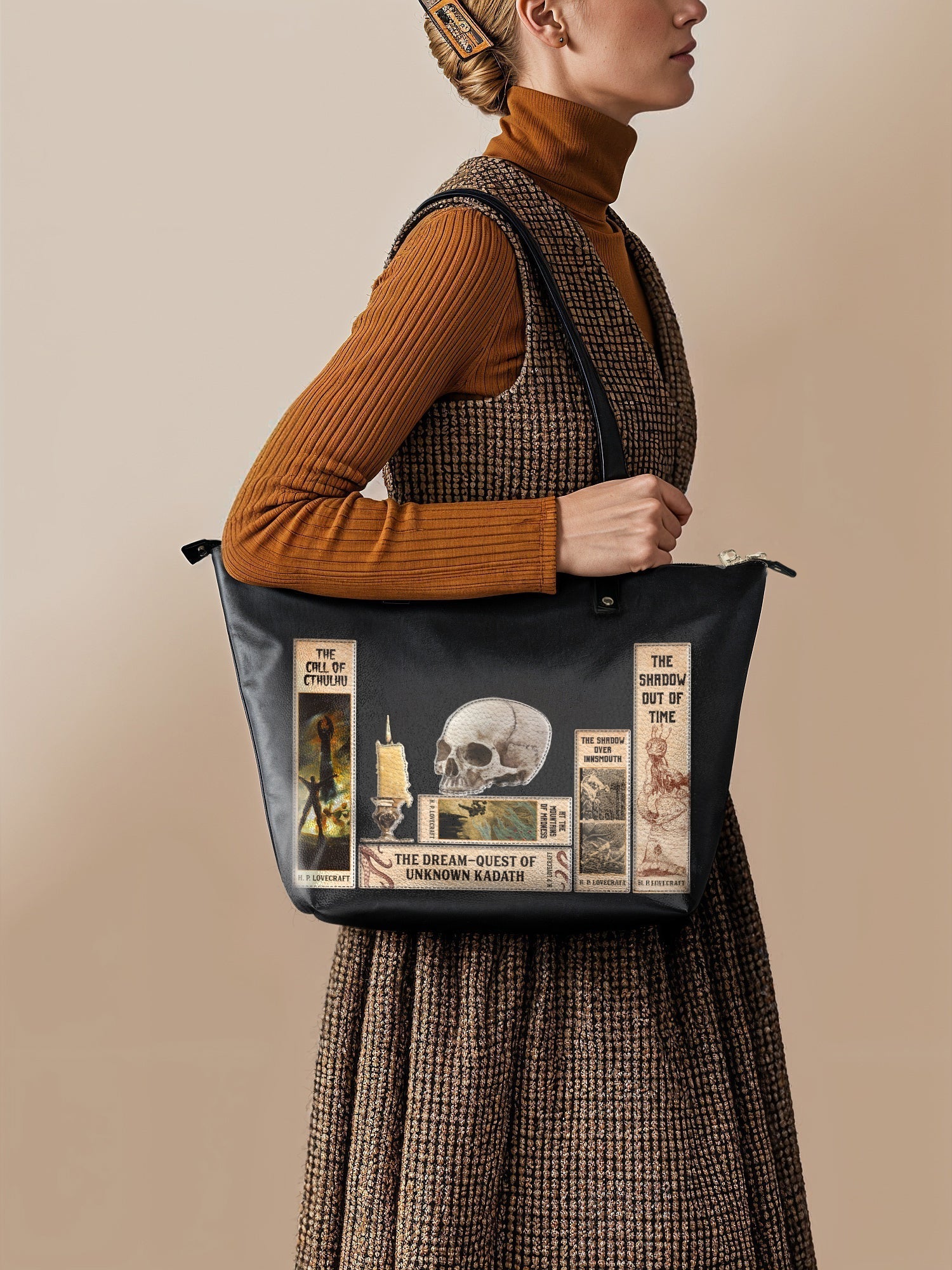 "Lovecraftian" Black Leather Tote Bag