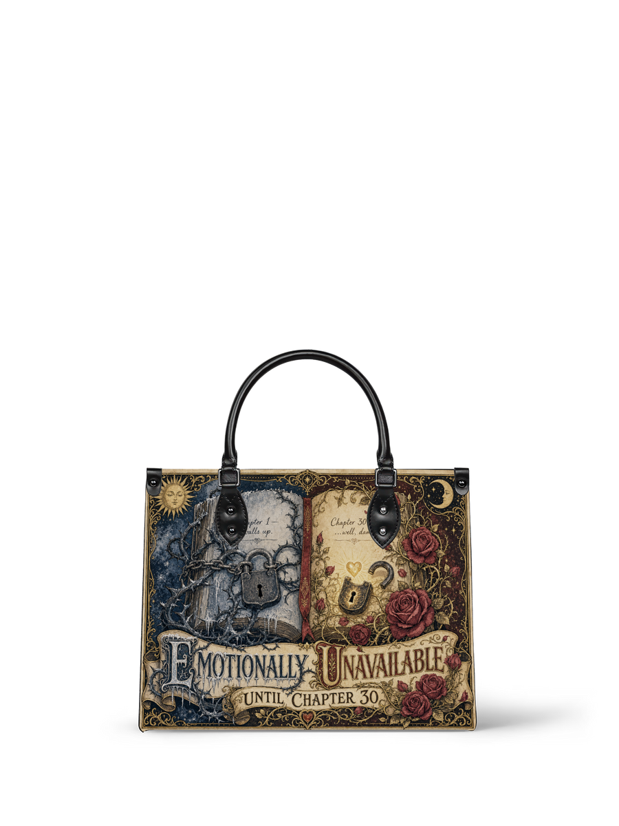 “Emotionally Unavailable Until Chapter 30” Locked-Heart Leather Handbag