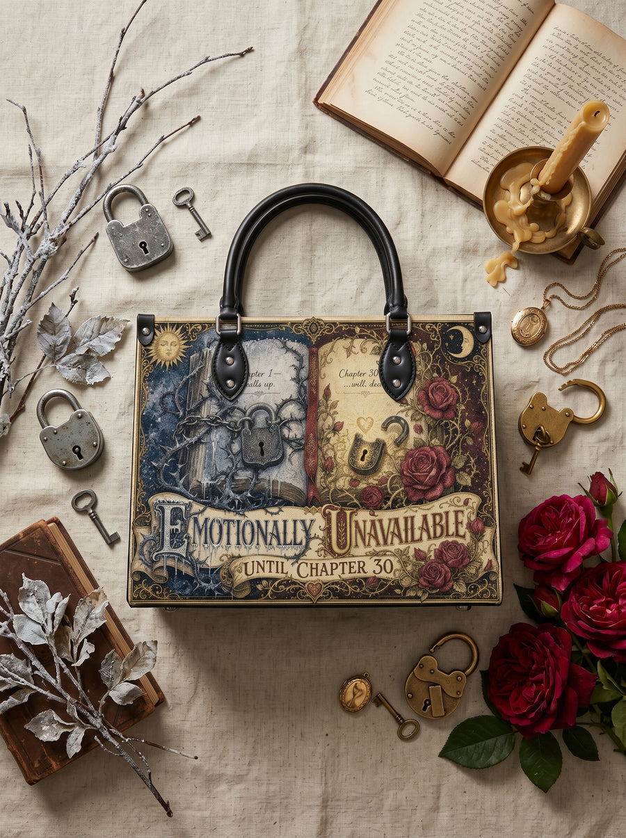“Emotionally Unavailable Until Chapter 30” Locked-Heart Leather Handbag