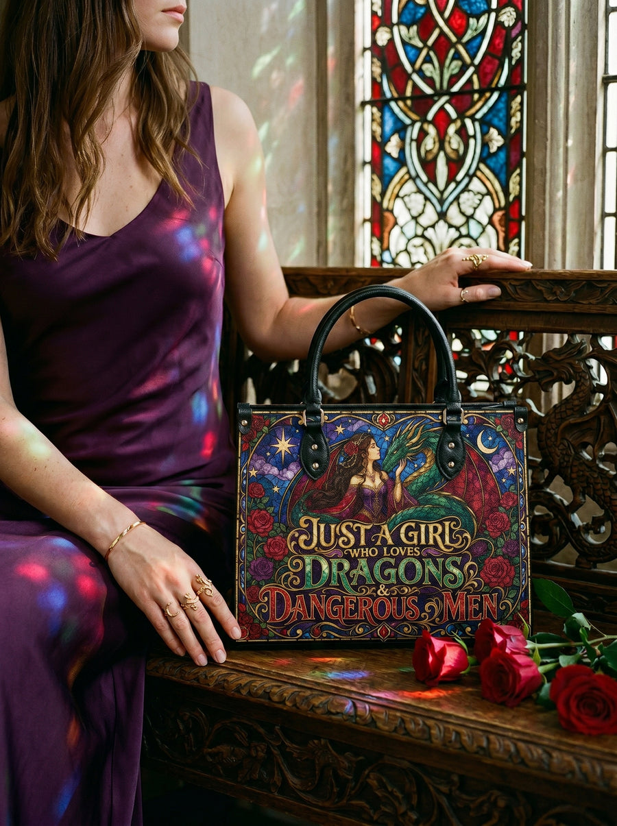 “Just a Girl Who Loves Dragons & Dangerous Men” Stained-Glass Leather Handbag